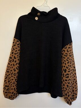 Anthropologie Size Medium Animal Print Pullover Sweater Brown & Black Mock Neck